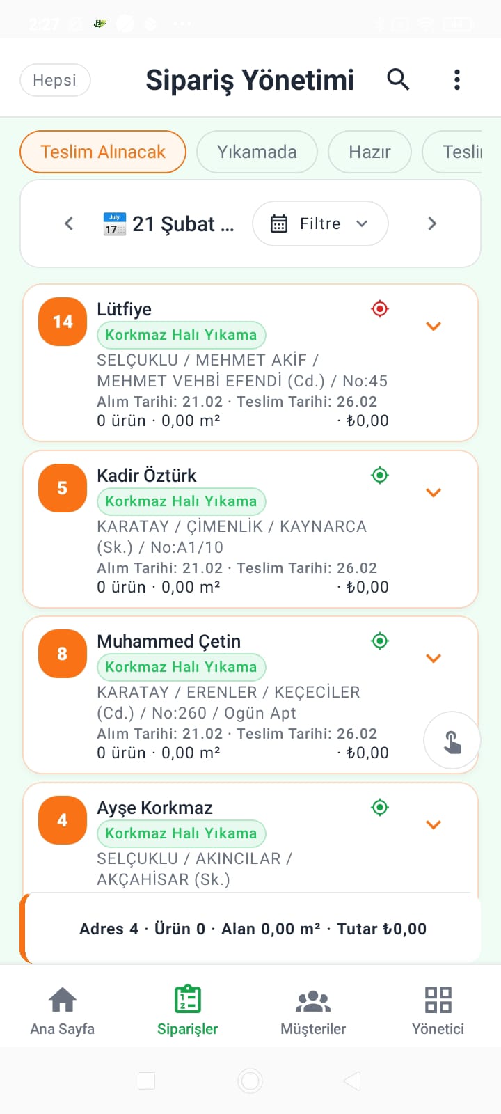 HalıWork sipariş listesi ekranı