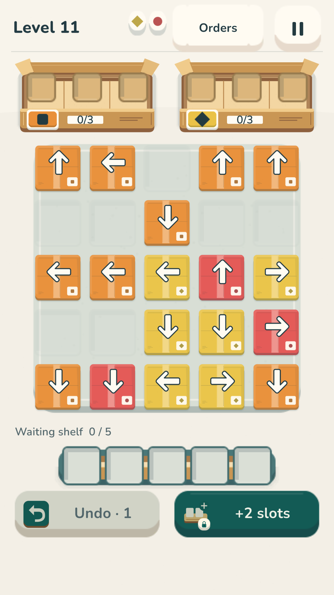 Real Pack Out gameplay with directional packages, two open shipment boxes and a waiting shelf