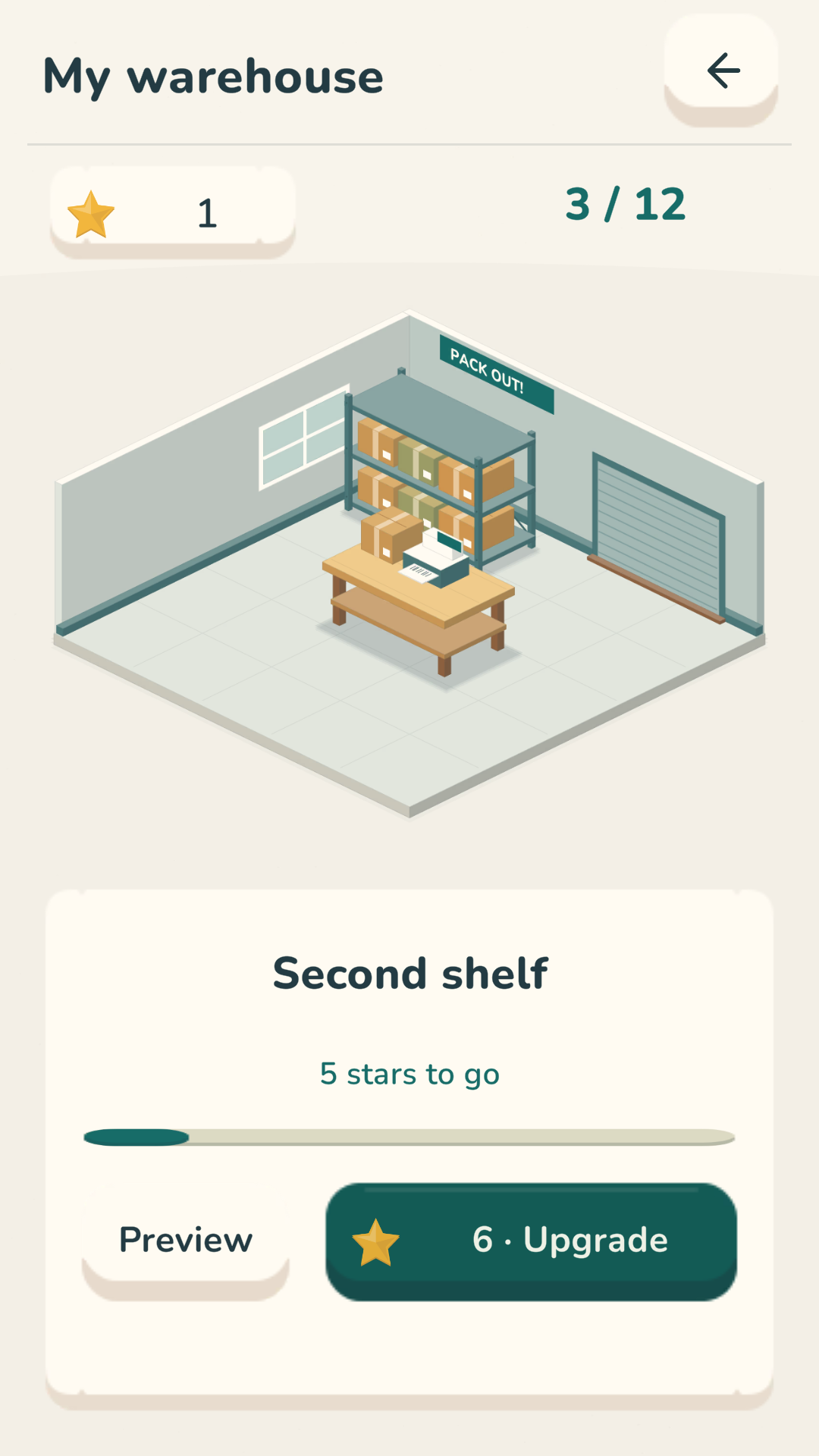 The warehouse screen showing real earned upgrades and star progress